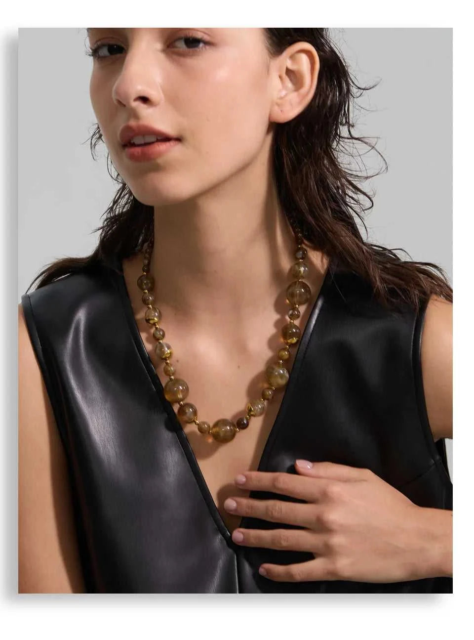 Yhpup New Arrivals Simulated Pearls Resin Acrylic Round Beads Chain Handmade Necklace Stainless Steel Trendy Jewelry Waterproof The jack market .AU The jack market .AU $ 54 200001034:2604813136#YH6980A Amber