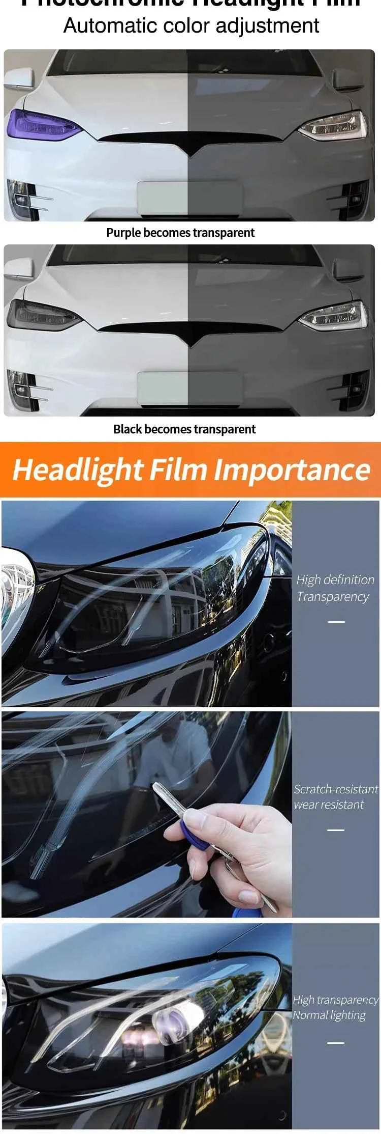 30CM 40CM 60CM PPF Paint Protection Photochromic Film UV Color Change Headlight Protection Film Self-healing Anti-scratch Film