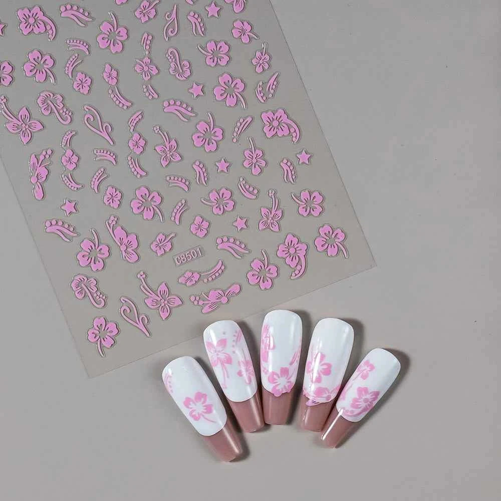 1pcs 3D White Hibiscus Flowers Nail Stickers Holographic Silver Gold Tropical Petal Slider For Nails French Manicure Decoration