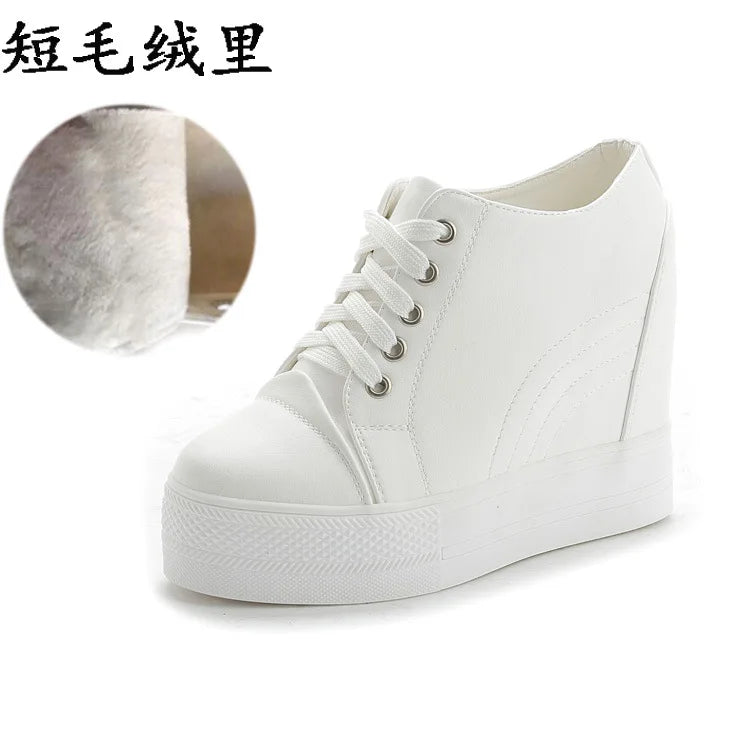 High Top Women's Casual Shoes Leather Casual Sneaker Hidden Increased Ladies Ankle Boots New Plush Woman Platform Boots Botines