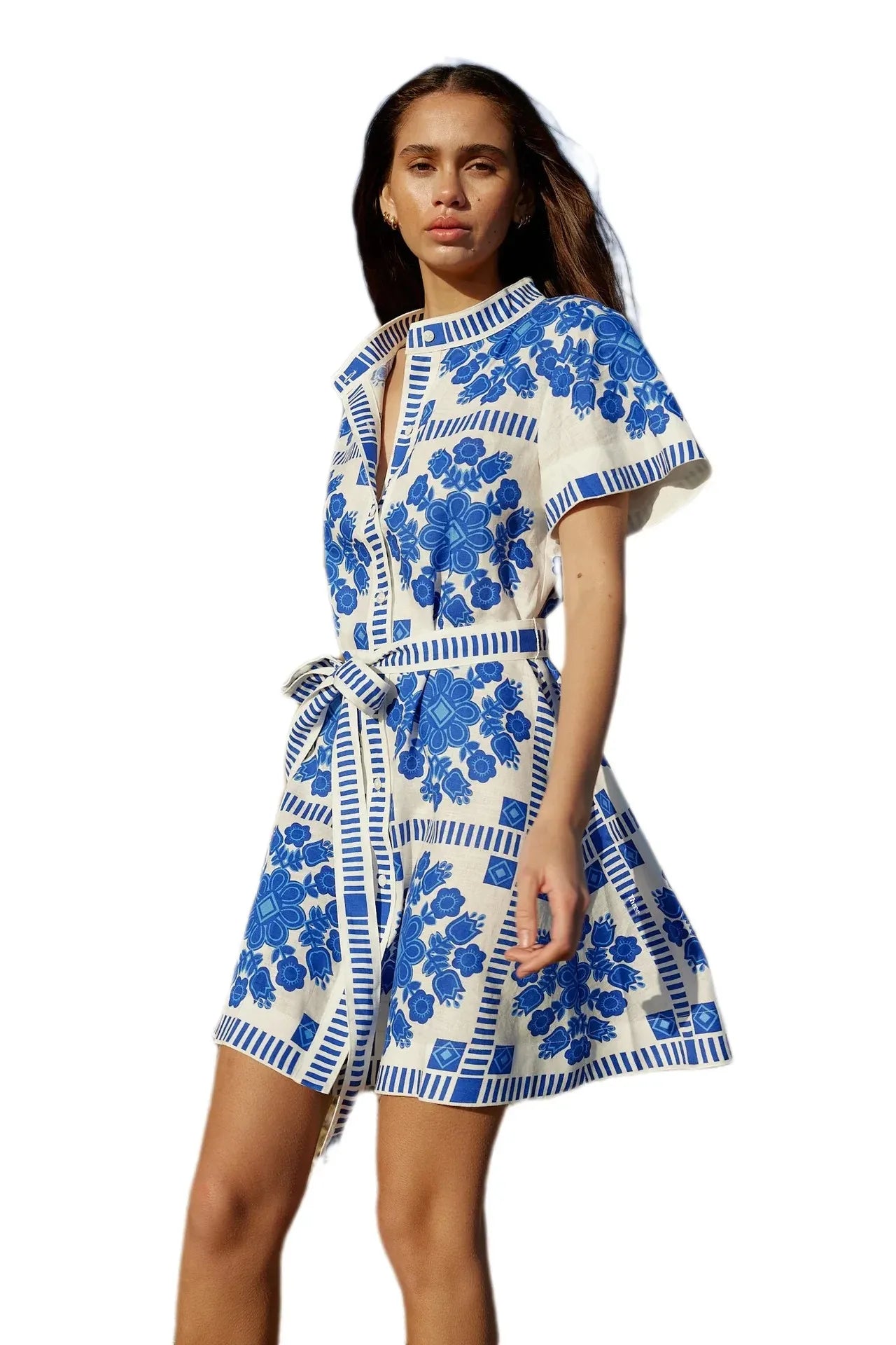Fashionable Printed Belted Casual Women's Dress Summer Style Cross-Border Clothing Elegant Simple Design Maxi Length Gown