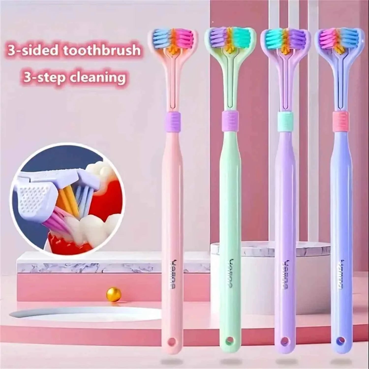 4pcs Soft Bristle 3-sided Toothbrush Gentle Clean Adult Teeth Brush for Complete Gum Care Autism Sensory Design Oral Health Tool