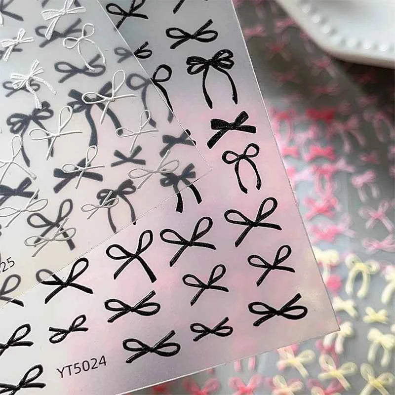 Brand Name Bowknot Nail Art Stickers - Vintage Self-Adhesive Decals in White, Pink & Black for Cute Manicures