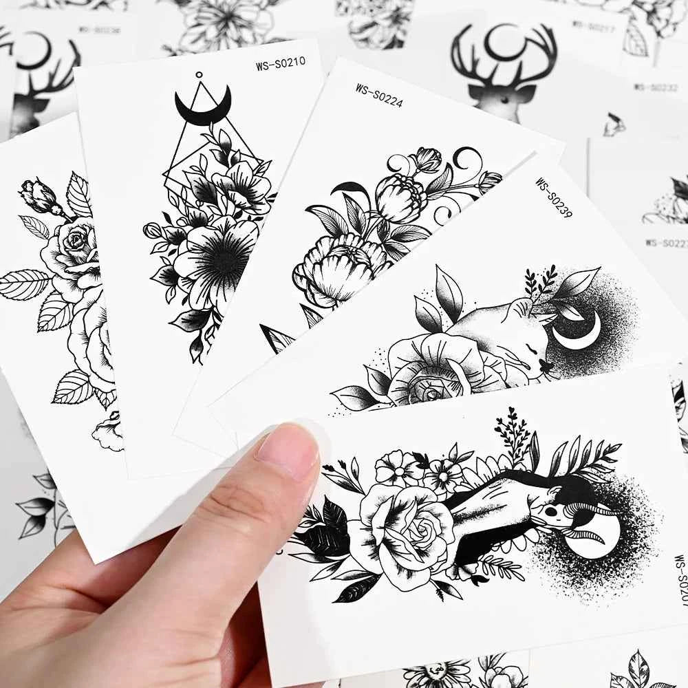 35pcs Realistic Peony Rose Temporary Tattoo Deer Crescent Floral Body Art Waterproof Stickers Lasting Arm Leg Hand Neck Tattoos*