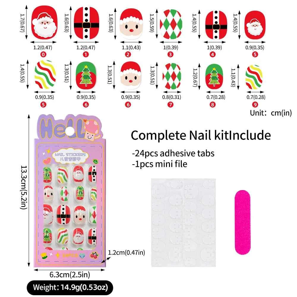 24pcs Princess Girls Christmas Press On Nails Candy Color Kawaii Christmas Tree Snowman False Nails New Year Children Fasle Nail