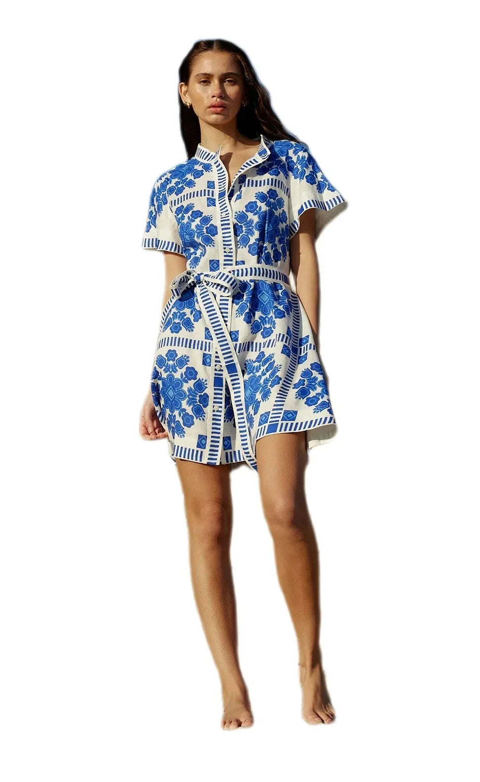 Fashionable Printed Belted Casual Women's Dress Summer Style Cross-Border Clothing Elegant Simple Design Maxi Length Gown