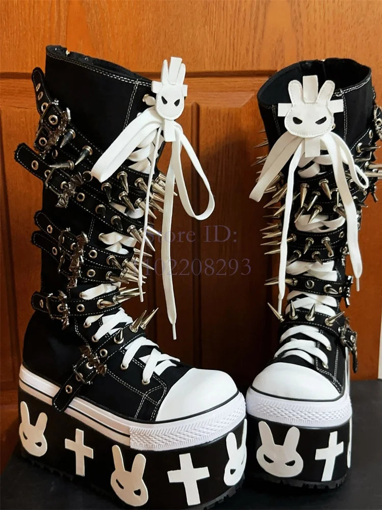 Cross Rivet Knee-high Boots Punk Round Toe y2k Platform Devil Angel Canvas Shoes Lace-up Women's Motorcycle Boots 2025 Halloween