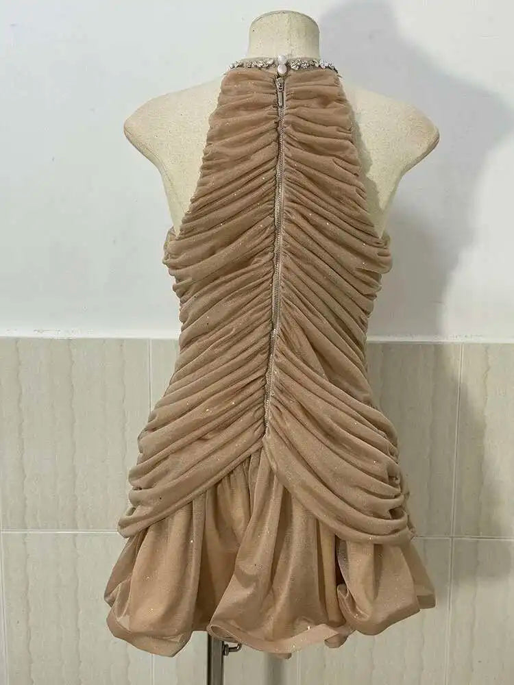 DEAT Women's Slim Dress with Diamond Folds & Zipper - Sleeveless Round Collar Summer Style