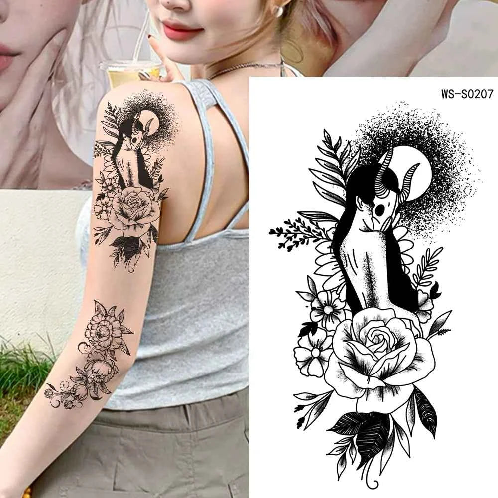 35pcs Realistic Peony Rose Temporary Tattoo Deer Crescent Floral Body Art Waterproof Stickers Lasting Arm Leg Hand Neck Tattoos*