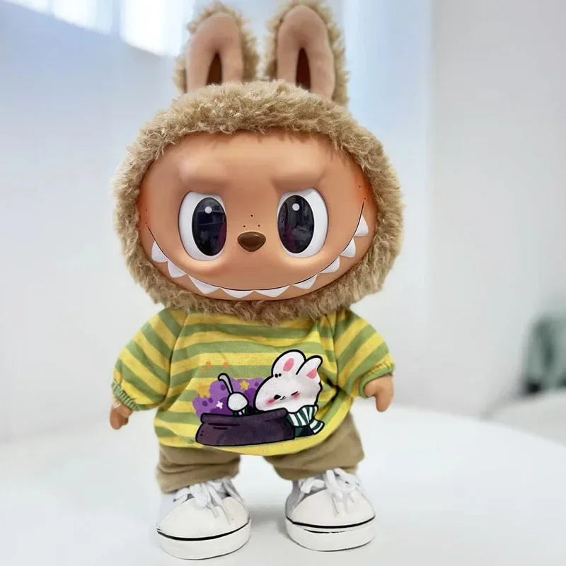 For 38Cm Labubu outfit vinyl plush doll clothes for Korea Kpop Exo Labubu doll clothes striped animal shirt set