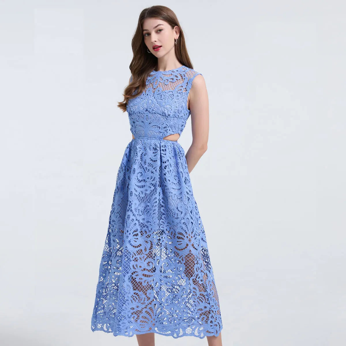 Women's Lace Embroidery Evening Dress – Elegant Midi Party Dress