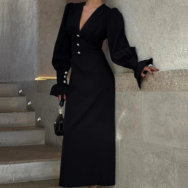 Women's Elegant Deep V-neck Chiffon Party Dress Casual Lantern Sleeves Solid Waist Slim Long Dress Fashion Draped Evening Dress