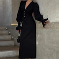 Women's Elegant Deep V-neck Chiffon Party Dress Casual Lantern Sleeves Solid Waist Slim Long Dress Fashion Draped Evening Dress