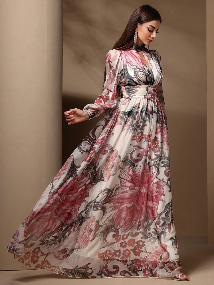 TOLEEN Floral Cut-Out Maxi Dress - Elegant Long Sleeve, High Waist, Summer Ready