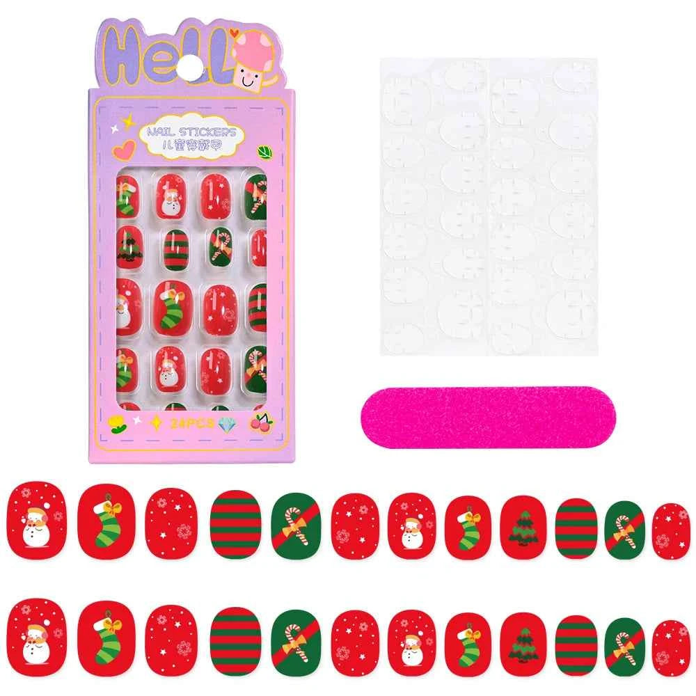 24pcs Princess Girls Christmas Press On Nails Candy Color Kawaii Christmas Tree Snowman False Nails New Year Children Fasle Nail
