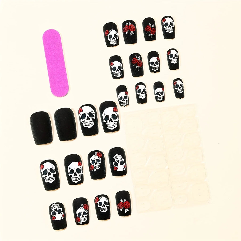 Black Magic Nails Halloween Press-On Set - 24 Pcs Black Matte with Rose Skull Design for Spooky Holiday Parties