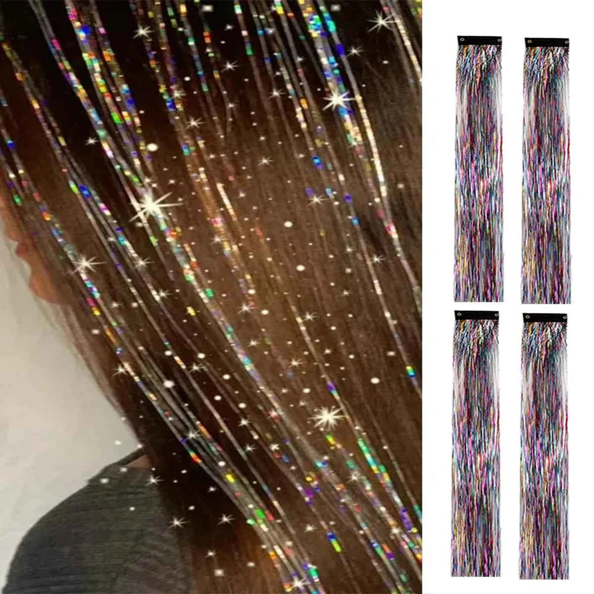 Sparkle & Shine Hair Tinsel Clips - 4 Colorful, Heat-Resistant Glitter Extensions for Festivals & Parties