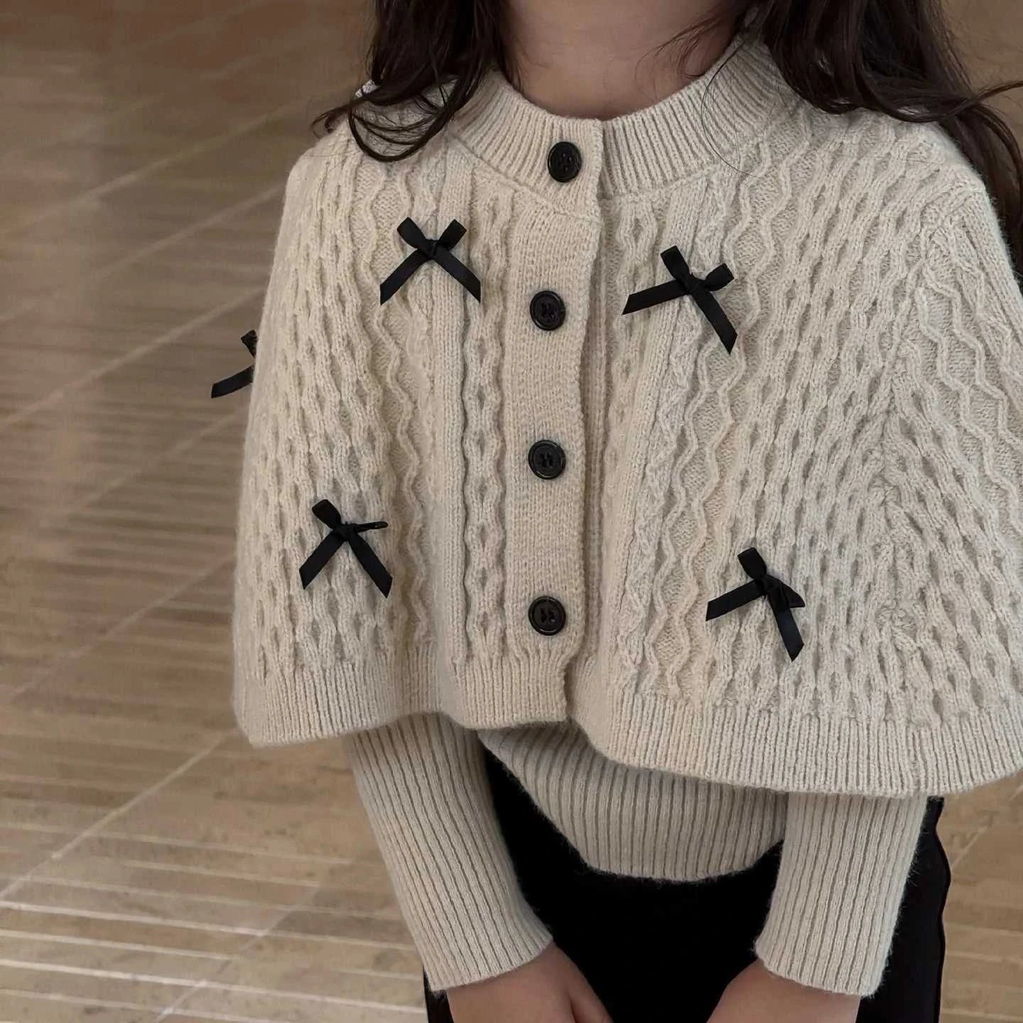 2025 Autumn New Children Clothing Korean Children Clothing Girls Retro Bow Sweater Cape Sweater Two Piece Set The jack market .AU The jack market .AU Mum & Kids: Essential Products for Every Family $ 35 14:193#pant;200000463:200004187#90cm