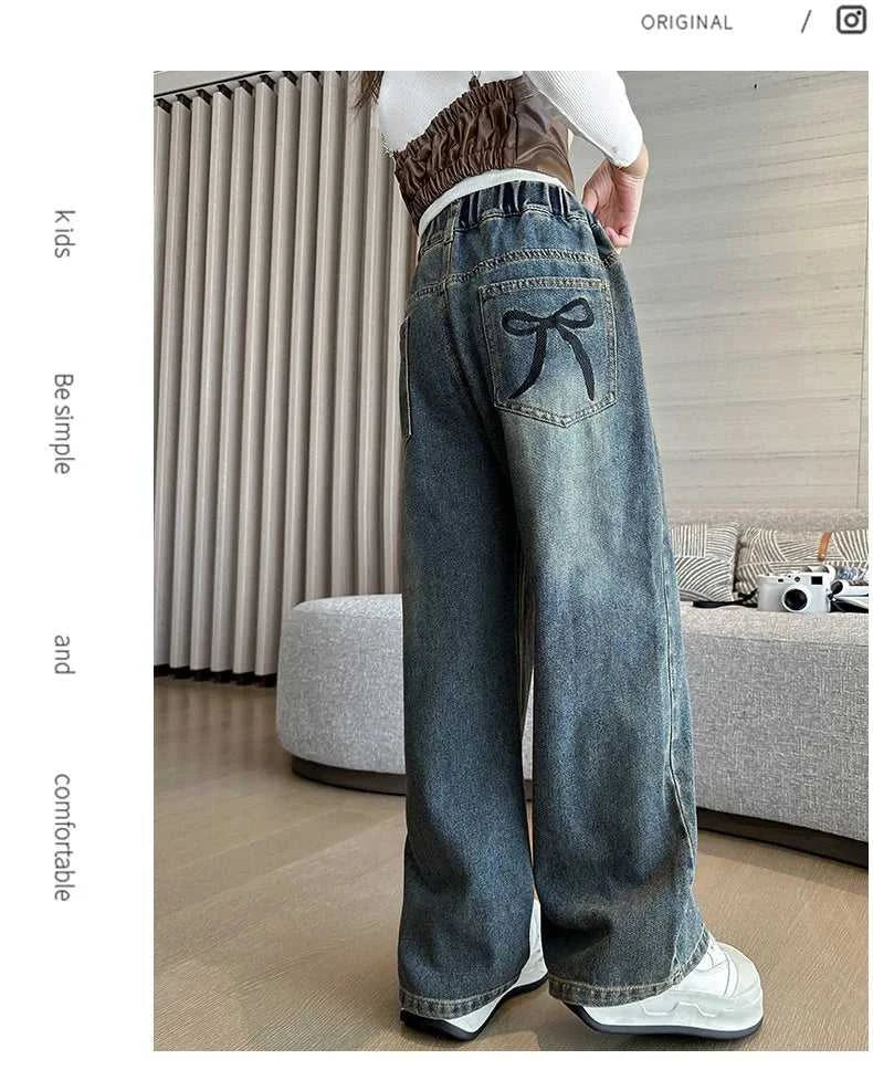 Girl Pocket Bow Embroidery Jeans New Teenage Children Wide Leg Denim Pants for Kids Loose Trousers Spring Autumn 4 -14 Years The jack market .AU The jack market .AU Mum & Kids: Essential Products for Every Family $ 48 14:193#model 2;200000463:200004188#130CM
