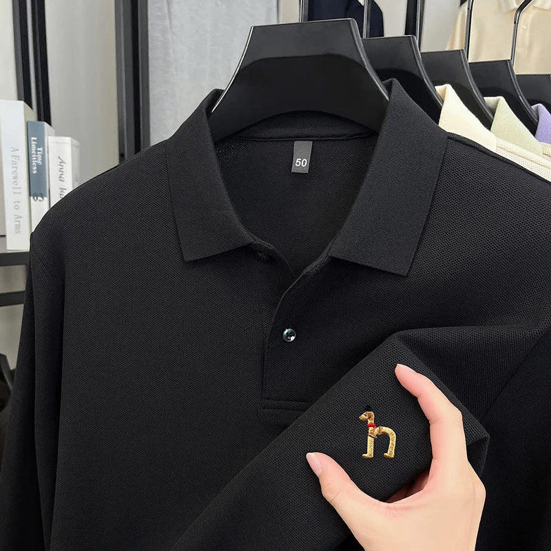 100Cotton Luxury Brand Men's Polo Shirt Exquisite Dog Embroid Long Sleeve Fashion Quality Lapel T-Shirt Business Casual Menswear
