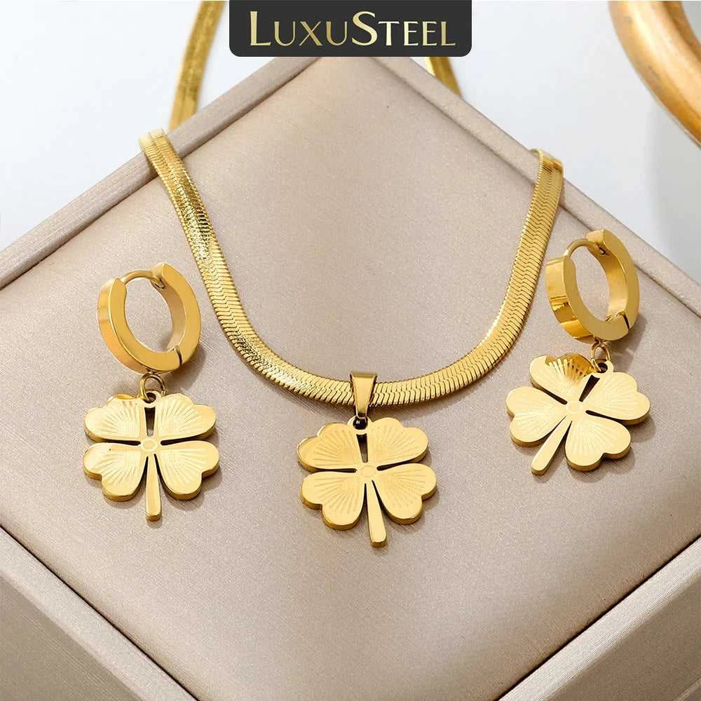 LUXUSTEEL Chain Pendant Earnail Set Four-Leaf Clover Shaped Stainless Steel Pendants Necklace Earring Sets Necklace Jewelry Gift The jack market .AU The jack market .AU Jewellery & Chains $ 51 200001033:200003760#LPS11101G
