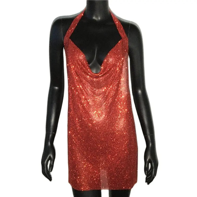 Bling Backless Rhinestone Dress - Sexy Deep V Neck, Sleeveless, Side Split Halter for Nightclub & Party