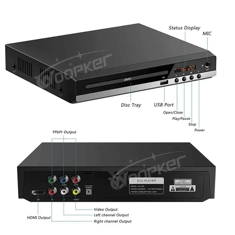 Woopker B29 HD 1080p  CD/EVD/VCD DVD Player with AV and HD Outputs  Home Digital Media Player with USB and Microphone Ports