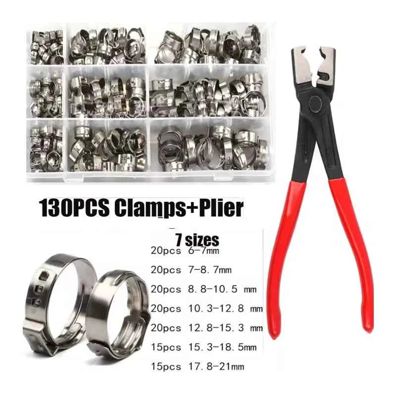 45/80/130pcs Stainless Steel Ear Clamps, Worm Drive Hose Clips, Fuel & Water Pipe Clamps + 1pc Clamp Pliers