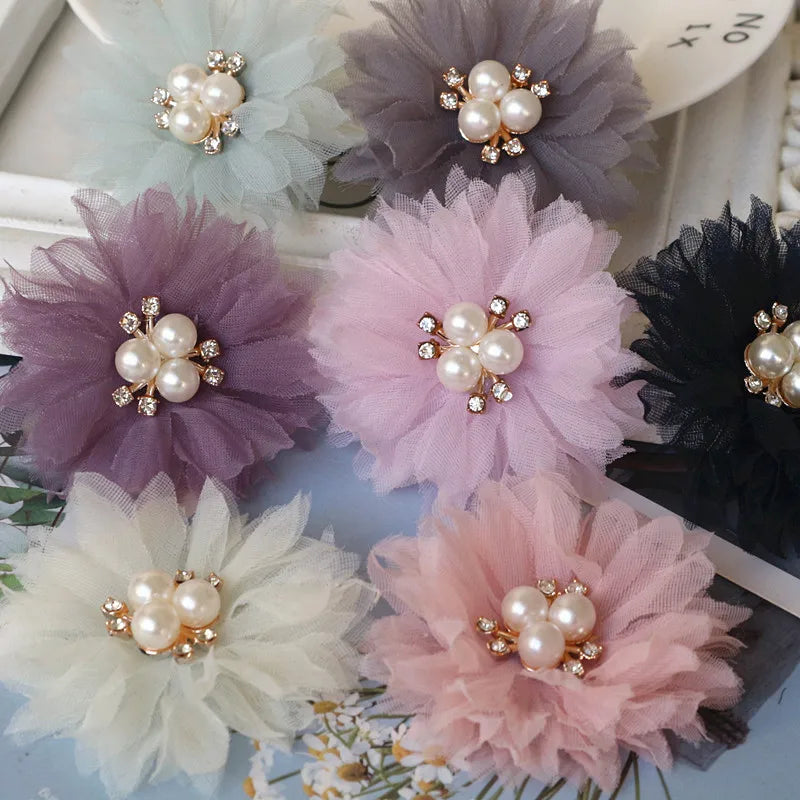 10PCS/Lot 6.5CM Pearl Center Handmade DIY Fabric Flowers Hair Accessories Dress Shoes Hats Decoration