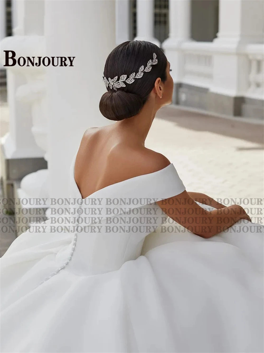 BONJOURY V-neck Satin Wedding Dress with Pockets & Chapel Train for Confident Brides