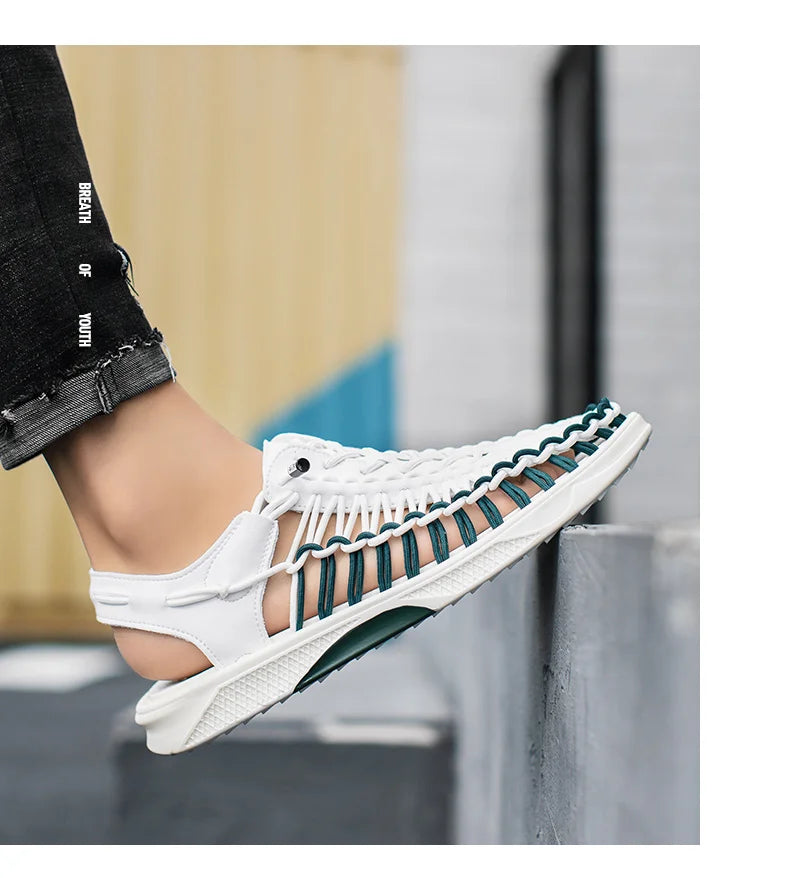 2023 Summer Men's  Sandals Lace Up Hand Woven Sandals Thick Soled Soft Non Slip Casual Shoes High Quality Couple Beach Shoes