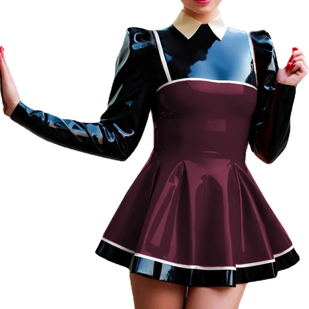 Curvy Couture Plus Size A-Line Patchwork Mini Dress - Long Puff Sleeves, PVC Leather for Night Out Style