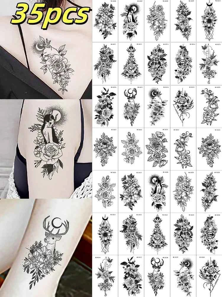 35pcs Realistic Peony Rose Temporary Tattoo Deer Crescent Floral Body Art Waterproof Stickers Lasting Arm Leg Hand Neck Tattoos*