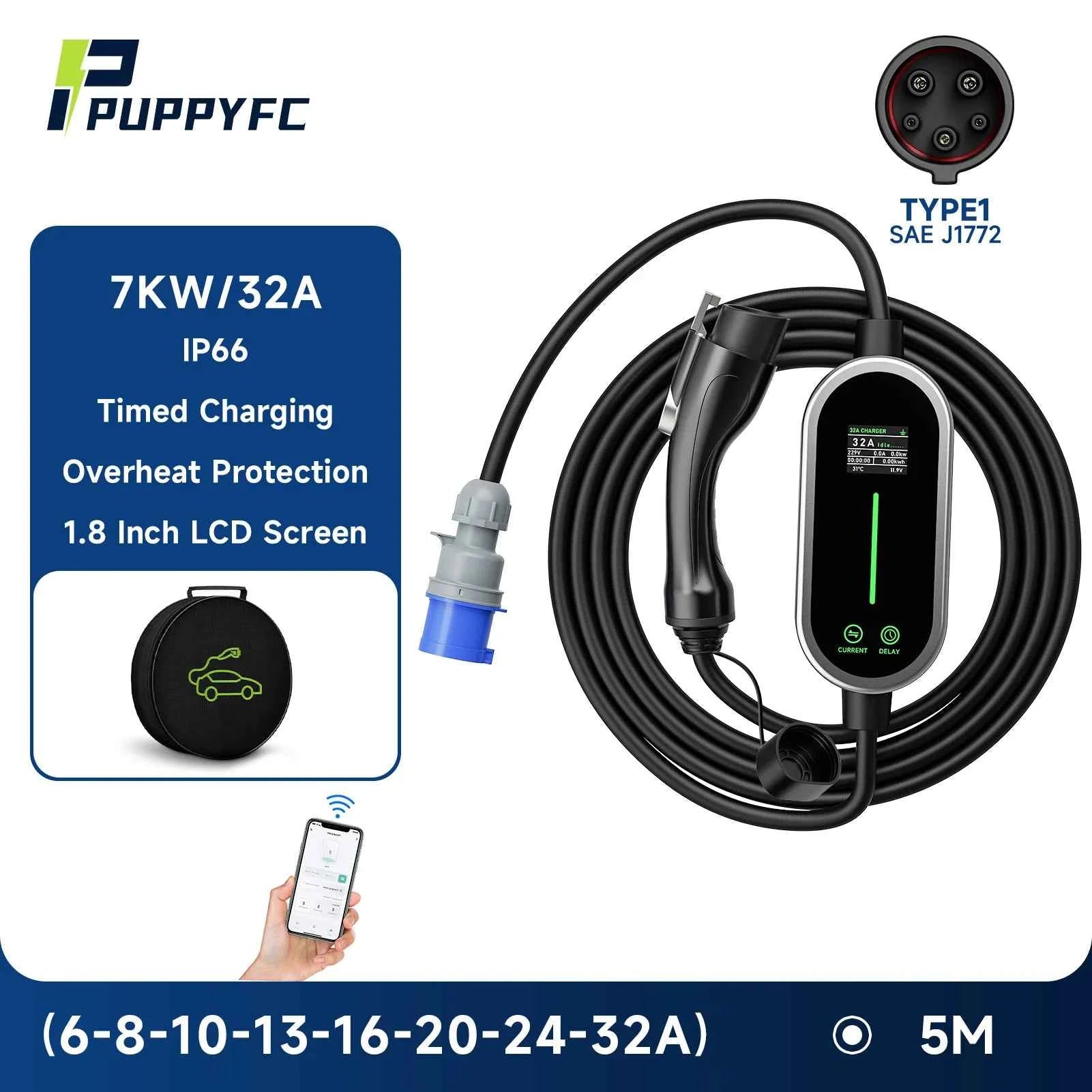 Puppyfc 7KW 32A Smart WiFi Portable EV Charger Type1/Type2 Home Electric Vehicle Charging Station with CEE Plug