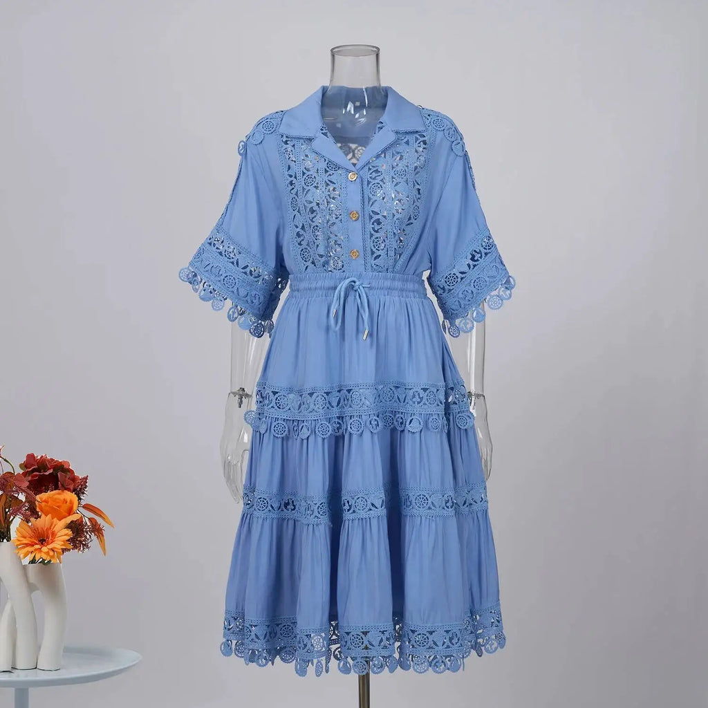 Quality Loose Hollow Out Dress Two Piece Set Women's Shirt Short Skirt Set Embroidered Lace Crop Tops Pleated Skirts Suits 2pcs