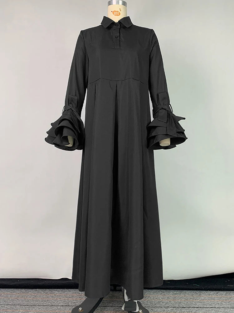 Women Elegant Church Maxi Dresses 2024 New Autumn Flared Sleeves Black White Color Pleated Lapel Evening Shirts Dress