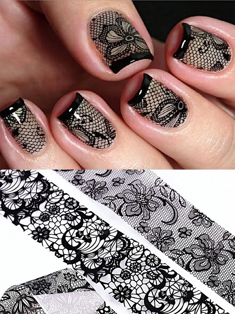 Black Floral Lace Nail Art Transfer Paper Set - 10 Sheets of Stunning Patterns for Creative Designs