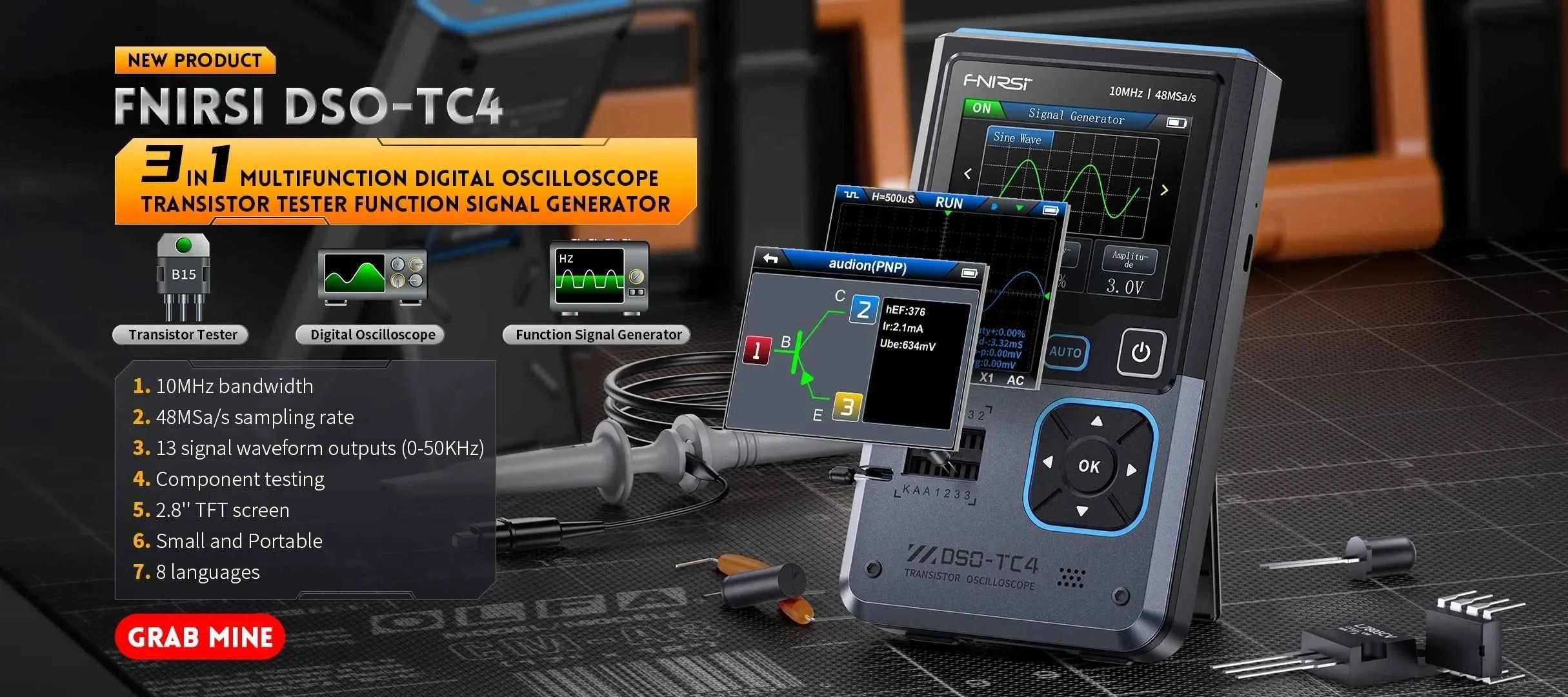 FNIRSI Handheld 50MHz Dual Channel Oscilloscope & Multimeter - 3-in-1 Automotive Signal Generator