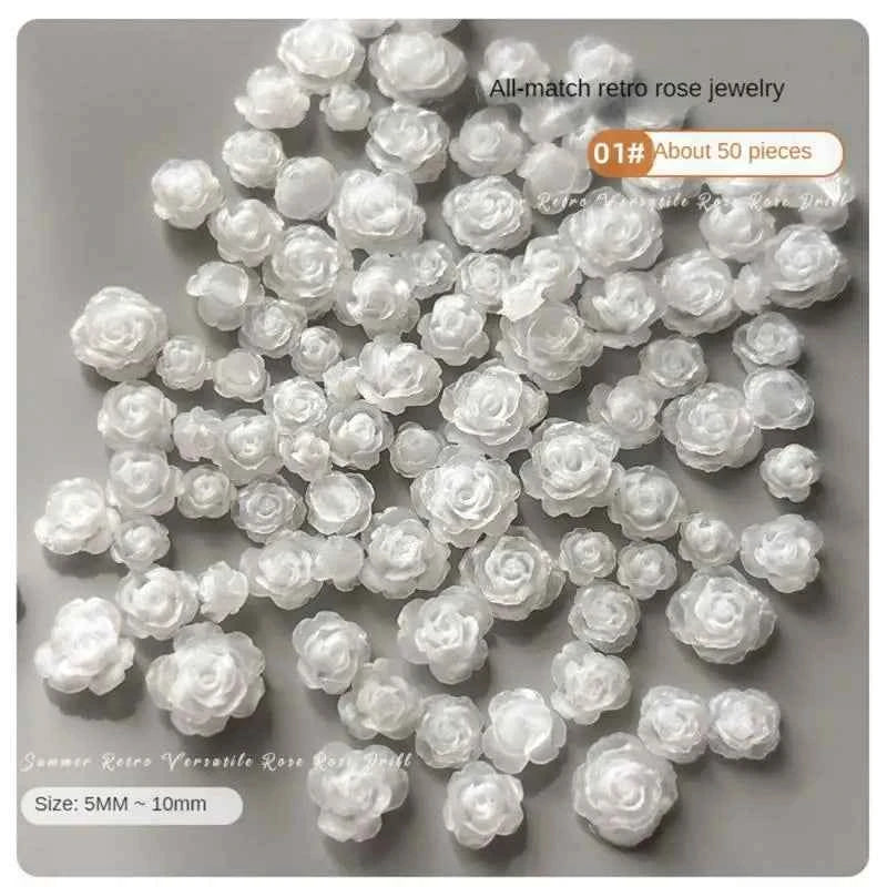 Rose Charm Nail Jewelry - Vintage Resin Camellia with Diamond Accents - Mixed Sizes for Stunning Nail Art