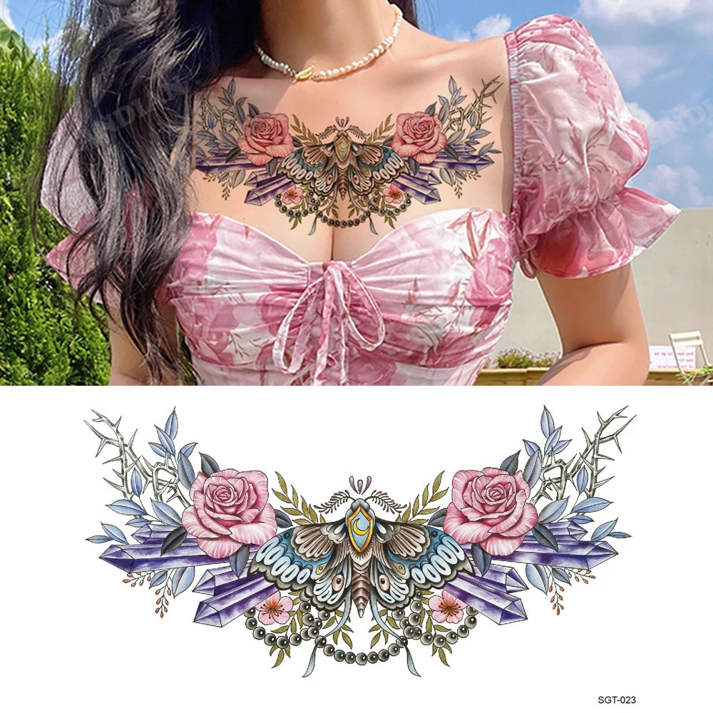 GlamInk Waterproof Flower & Butterfly Temporary Tattoos - Dazzling Chest & Waist Art for Confident Women