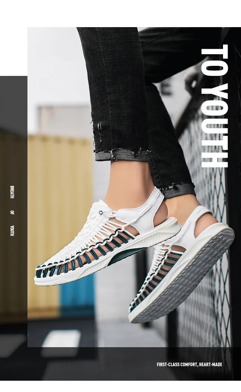 2023 Summer Men's  Sandals Lace Up Hand Woven Sandals Thick Soled Soft Non Slip Casual Shoes High Quality Couple Beach Shoes