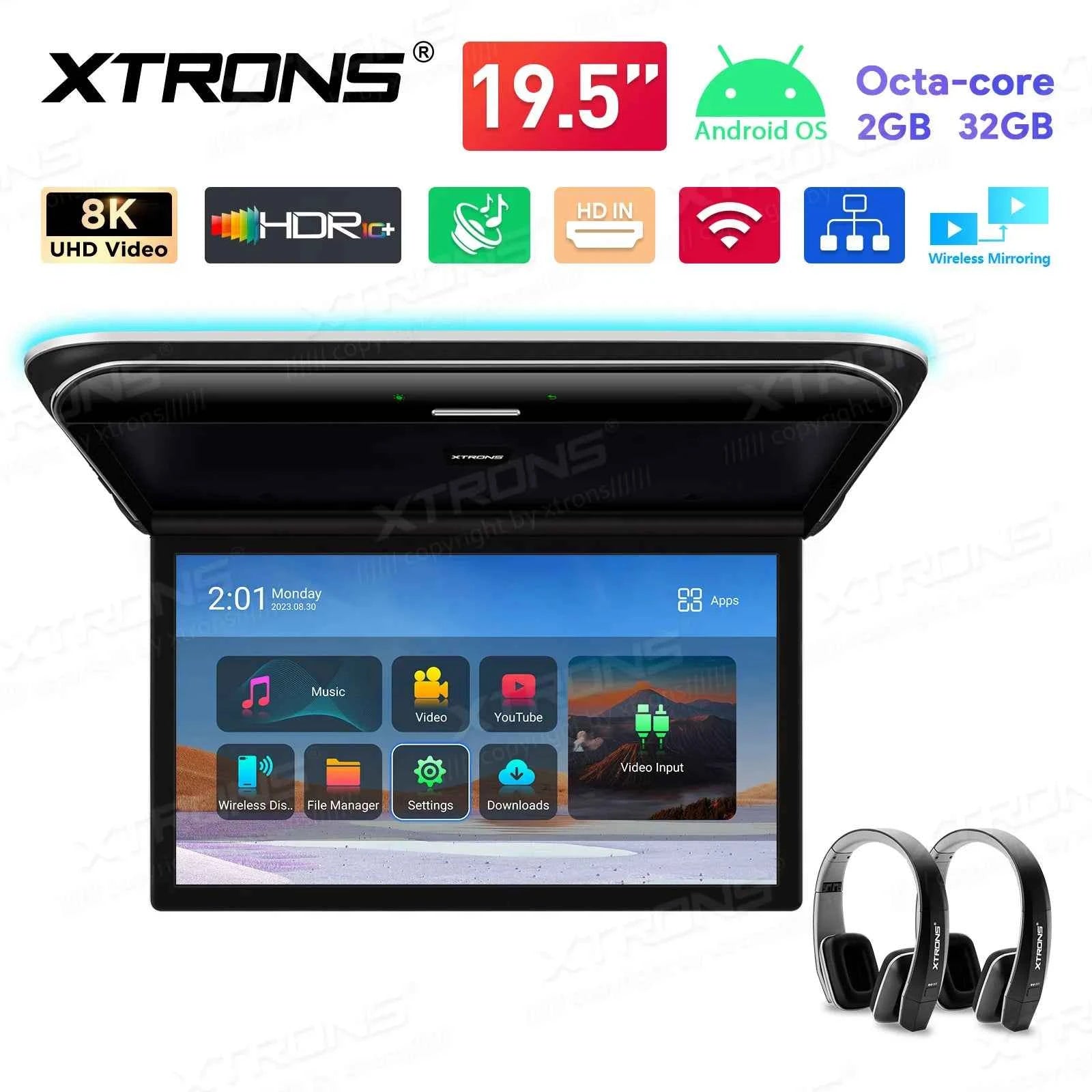 XTRONS 19.5" Android Car Roof Monitor TV Octa-core 8K IPS Car Screen Adjustable Angle to 170° with Screen Mirroring USB HDR RCA