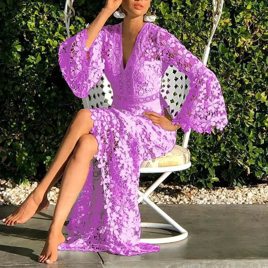 See Through Hollow Out Sexy Long Dresses Summer Dress for Women Long Sleeve V-Neck Lace Dress Loose Bohemian Loose Beach Smock
