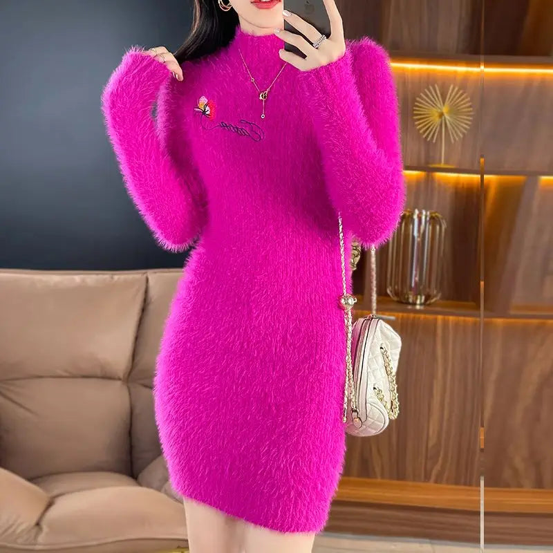 Imitation Mink Fleece Autumn Winter New Plush Slim Sweater Dress Solid Half High Neck Mid Length Embroidered Knit Bottom Dresses
