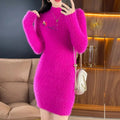 Imitation Mink Fleece Autumn Winter New Plush Slim Sweater Dress Solid Half High Neck Mid Length Embroidered Knit Bottom Dresses