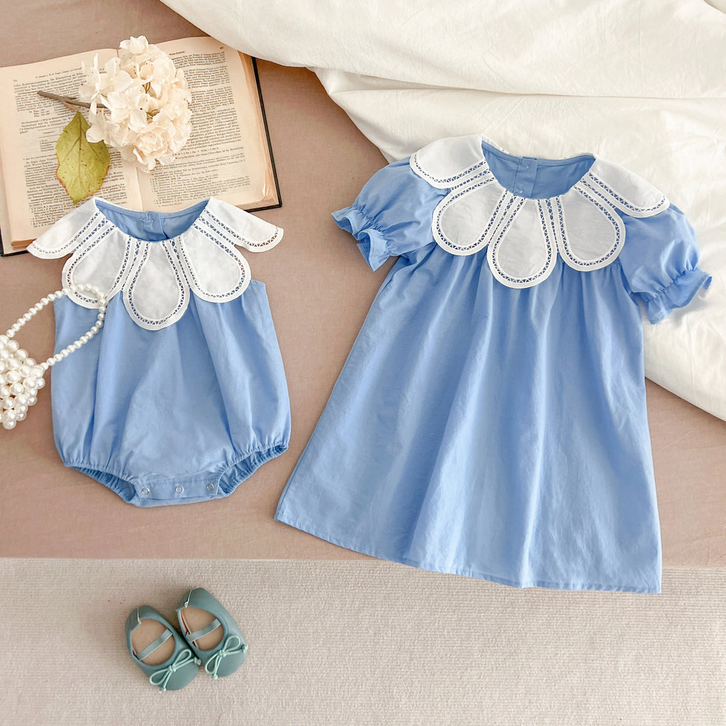 Sisters Dress Summer Kids Princess Dresses Short Sleeved Cotton Solid Color Splicing Infant Baby Romper Baby Girl Party Dress