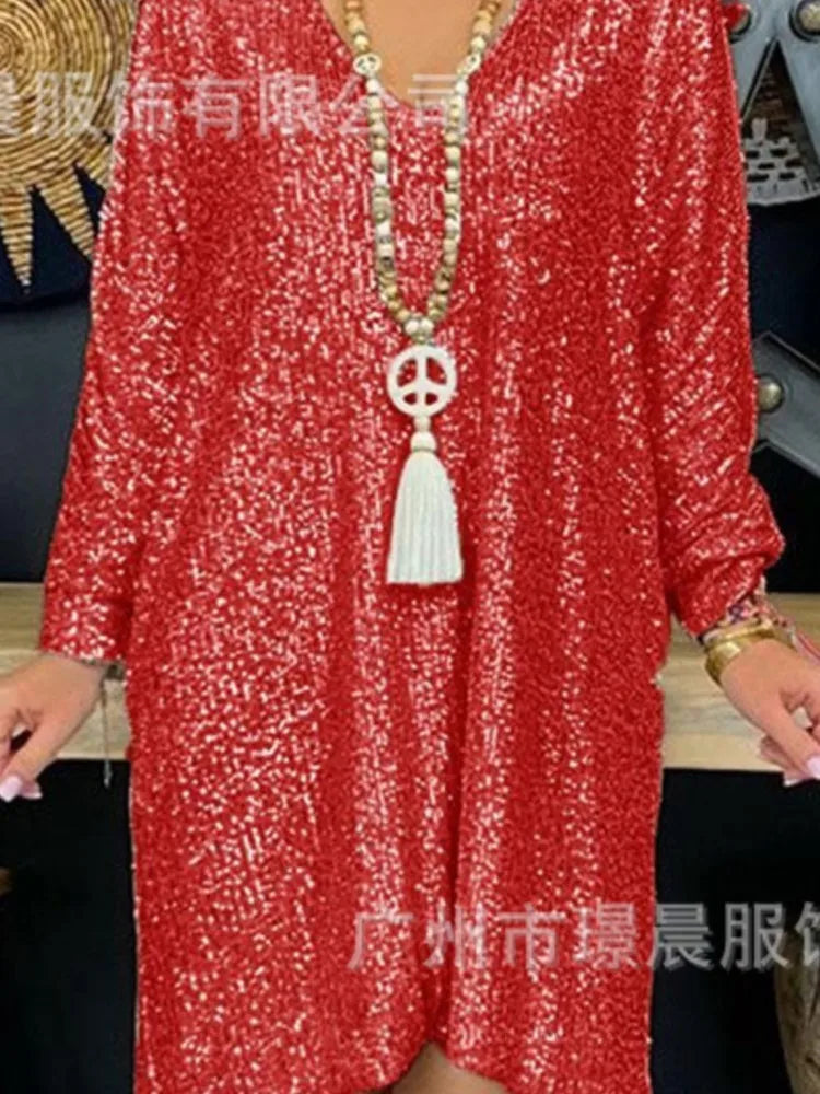 Trendy Solid Color Sequin Dresses Women V-neck Long Sleeve Loose Irregular Mini Dress Lady Commuting Vestidos Spring Autumn New