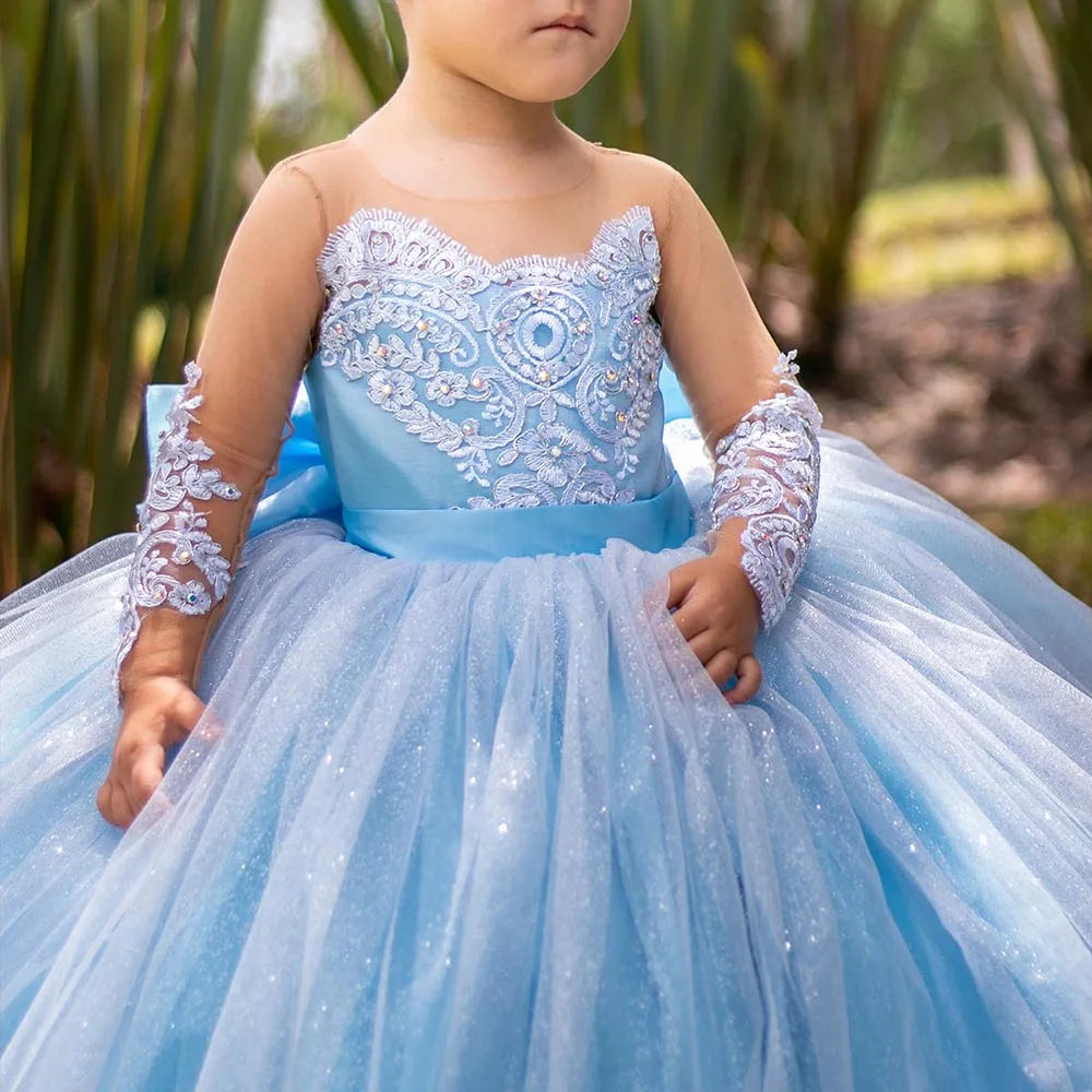 Elegant White Lace Wedding Party Dresses for Girls Full Sleeves Princess Flower Girl Dress With Bow Custom Kids Birthday Gowns