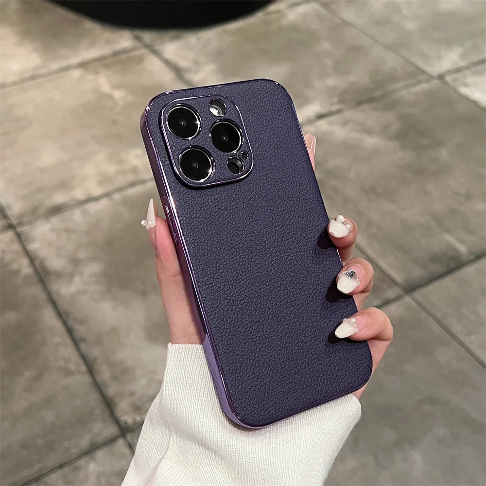 LuxeGuard Retro Lambskin Leather iPhone Case - Shockproof Bumper with Lens Protection for All Models 11-17
