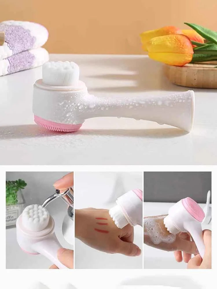 OFT 3D Dual-Sided Face Washing Brush - Deep Clean Pores with Silica & Fur for Home Spa Experience